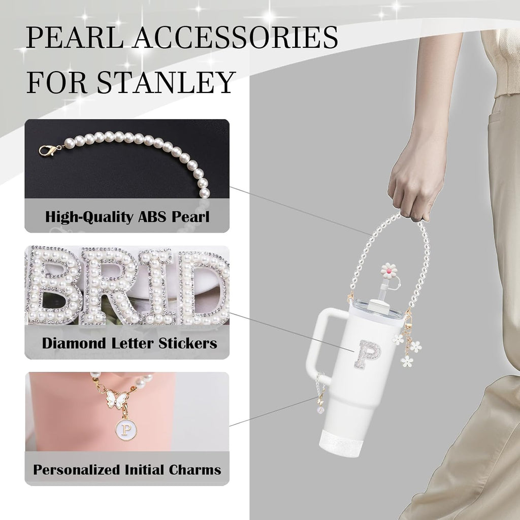 Stanley Cup Accessories Set - Including Water Bottle Carrying Pearl Strap, Handle Letter Charms Sticker, Silicone Cups Boot Straw Cover for 40oz & 30oz Tumbler Accessory Kit