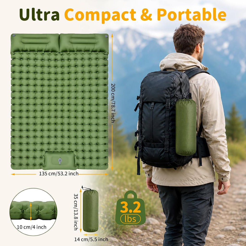 BELEEV Sleeping Pad for Camping with Pillow and Built-in Foot Pump, Double