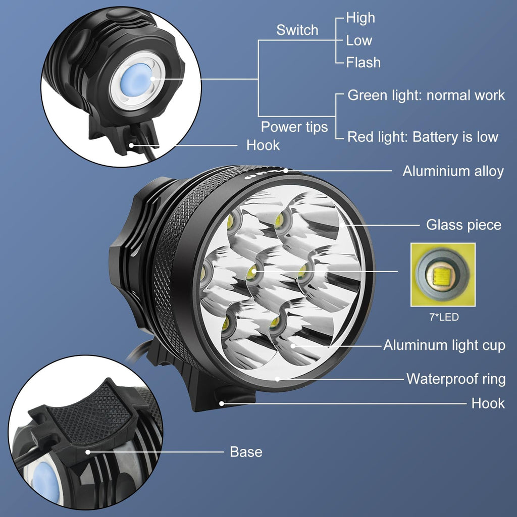 Weihao Bike Lights for Night Riding, Waterproof Bicycle Headlight, Super Bright 10500 Lumen 7 LED Bike Headlight, 9600mAh Bicycle Front Light, Rechargeable Headlamp Flashlight for Camping Outdoor