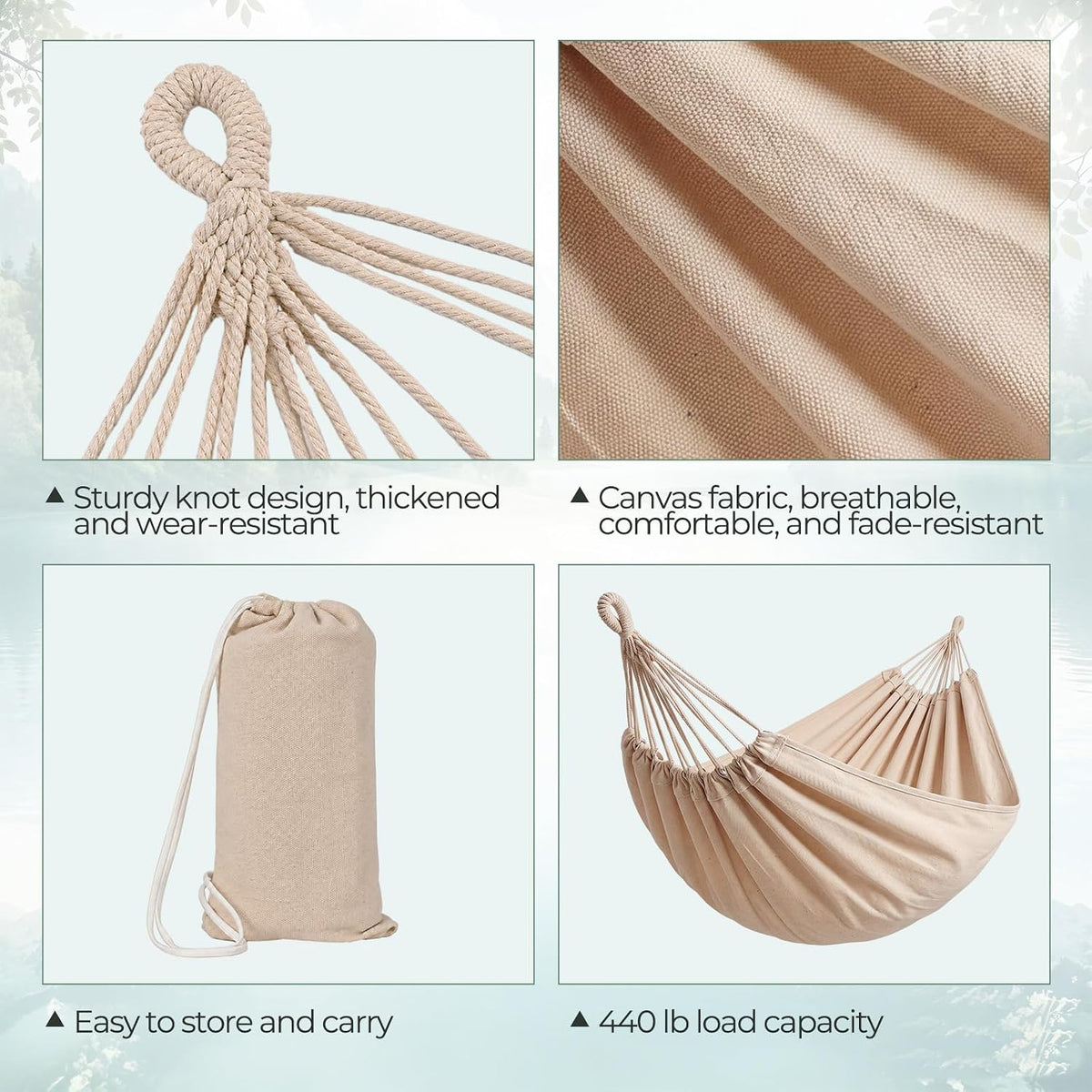 4 Set Canvas Camping Hammock,Single Hammock, Beige