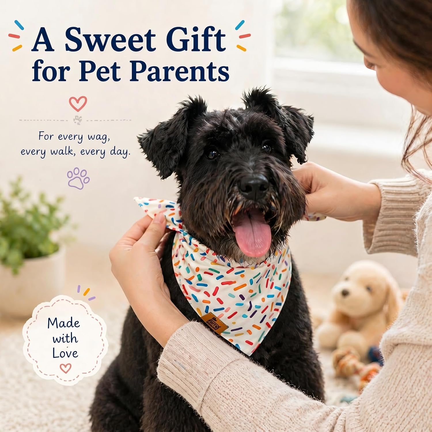 Dog Birthday Bandana, Reversible Soft Breathable Adjustable Pet Scarf for Medium & Large Dogs, Party Photo Outfit for Boy or Girl, Sprinkle and Stripe, Medium Fits Up to 18"