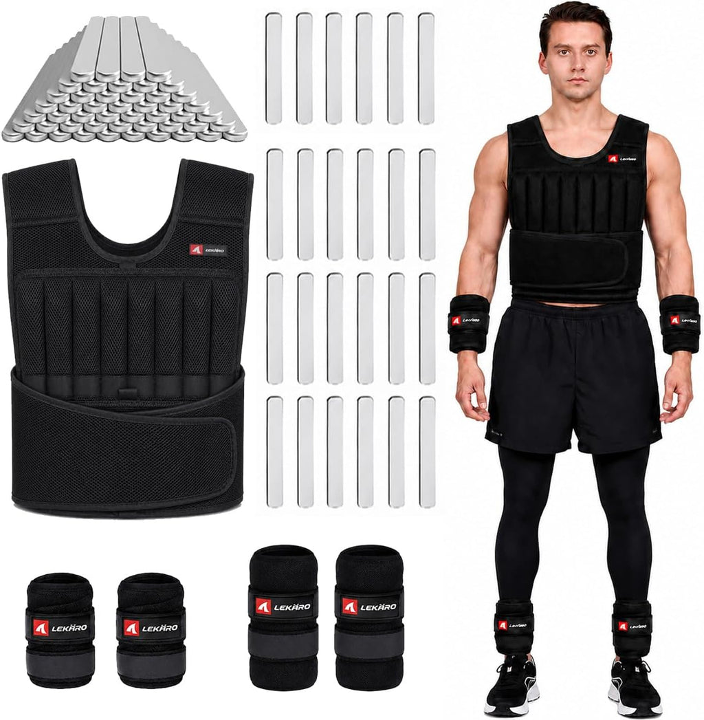 44lbs Adjustable Weighted Vest Set with Steel Plates, 5-Piece Workout Set Includes Wrist & Ankle Weights for Rucking, Walking, Running, Home Gym