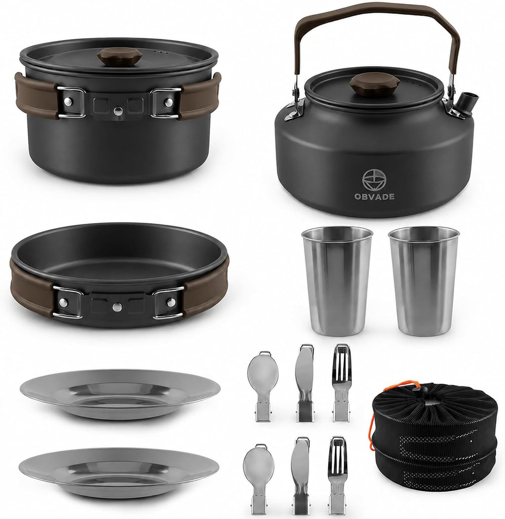 Camping Cookware Set 17 pcs Camping Cooking 0.30G Kettle 0.45G Pot 7 in Pan and 2pcs Stainless Steel Cups Plates Forks Knives Spoons Bag for 1-2 People Backpacking Hiking Picnic