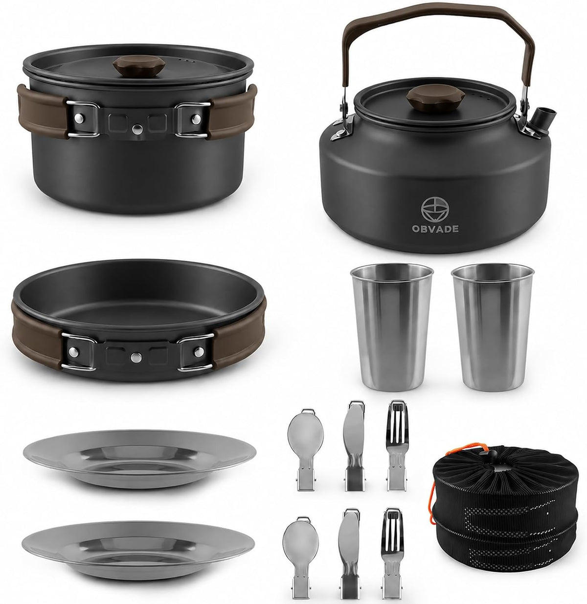 Camping Cookware Set 17 pcs Camping Cooking 0.30G Kettle 0.45G Pot 7 in Pan and 2pcs Stainless Steel Cups Plates Forks Knives Spoons Bag for 1-2 People Backpacking Hiking Picnic