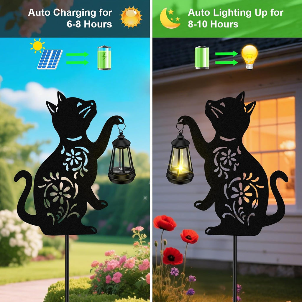 Solar Cat Hanging Lantern Outdoor, 2 Pack Black Cat Solar Lights, Cat Lover Gifts for Women Mom Grandma Birthday Mother's Day, Waterproof Garden Ornaments Decor Outside Backyard Patio Pathway