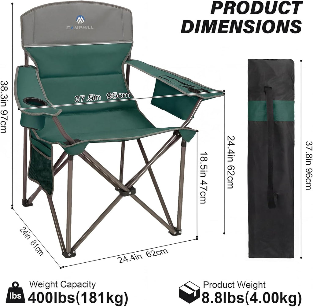 Oversized Camping Chairs 2 Pack - Heavy Duty 400LBS Padded Lawn Chair with Cooler Bag,Cup Holder,Side Pocket,Collapsible for Outdoor,Camp,Fishing & Garden,Dark Green