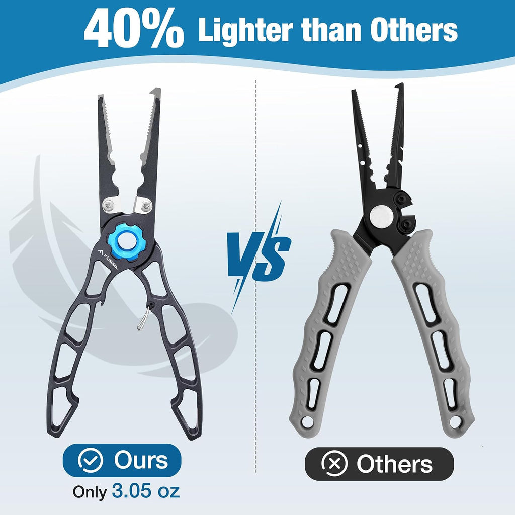 FLISSA Fishing Pliers, Safety Lock Design Fish Pliers Saltwater, Aluminum Hook Remover, Titanium 6Al-4V Jaw and Tungsten Carbide Line Cutters, Sheath & Lanyard, Fishing Gear Gifts for Men