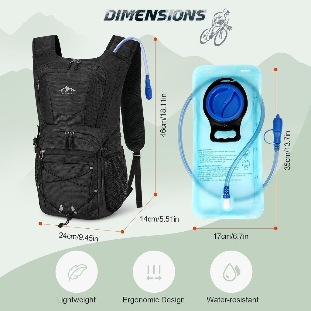 RAINSMORE Hydration Backpack with 2L Water Bladder, 15L Lightweight Hiking Backpack for Women & Men Small Insulated Hydration Water Pack for Hiking, Running, Cycling, Biking