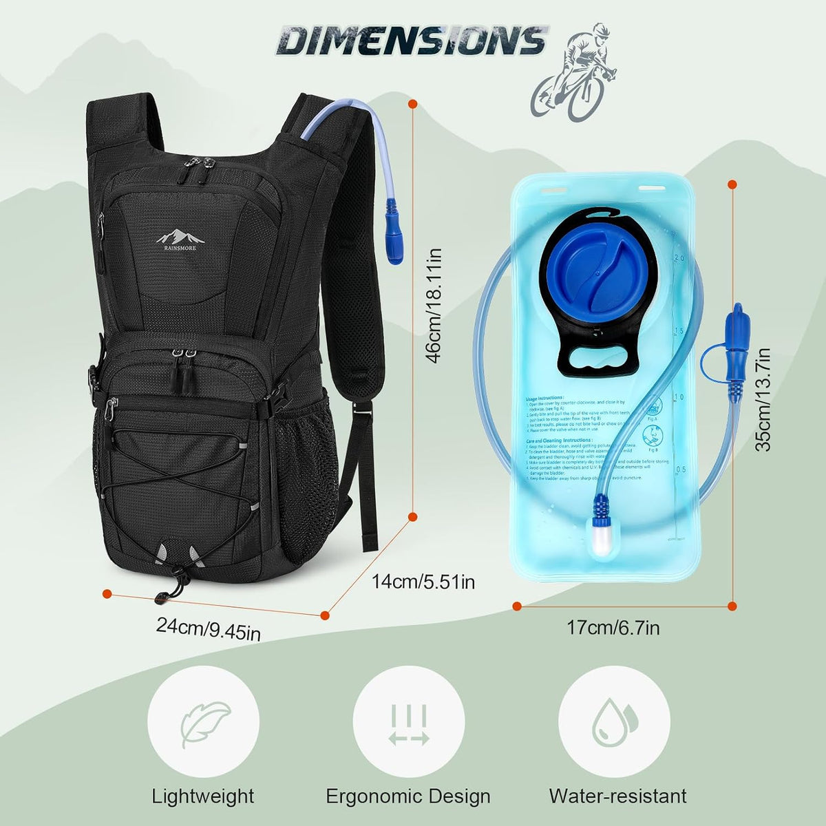 RAINSMORE Hydration Backpack with 2L Water Bladder, 15L Lightweight Hiking Backpack for Women & Men Small Insulated Hydration Water Pack for Hiking, Running, Cycling, Biking