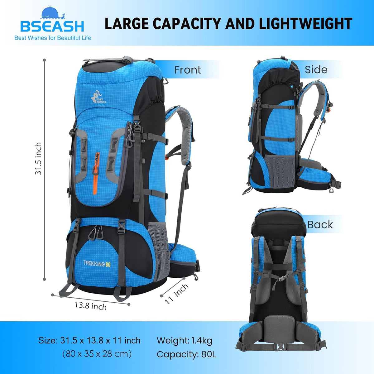 Bseash 80L Waterproof Hiking Camping Backpack with Rain Cover, Lightweight Outdoor Sport Travel Daypack for Climbing Touring