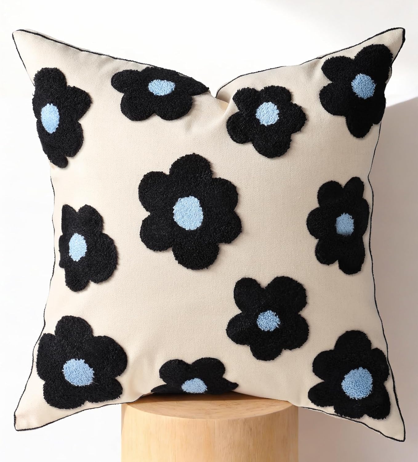 Embroidered Throw Pillow Cover 18x18 Inch, Black Flowers