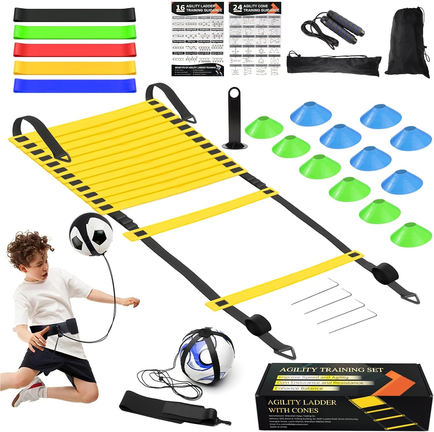 Speed Agility Training Equipment Set, Agility Ladder 20ft, 12 Football Cones, Resistance Parachute/Soccer Kick Trainer, Jump Rope, 5 Resistance Bands, Football Practice Equipment for Kids Adults