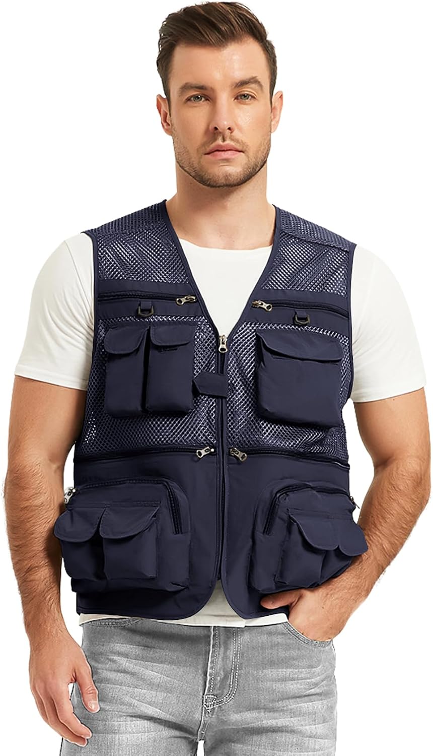 Flygo Men's Fishing Vest Utility Lightweight Outdoor Travel Safari Photo Cargo Vest with 16 Pockets
