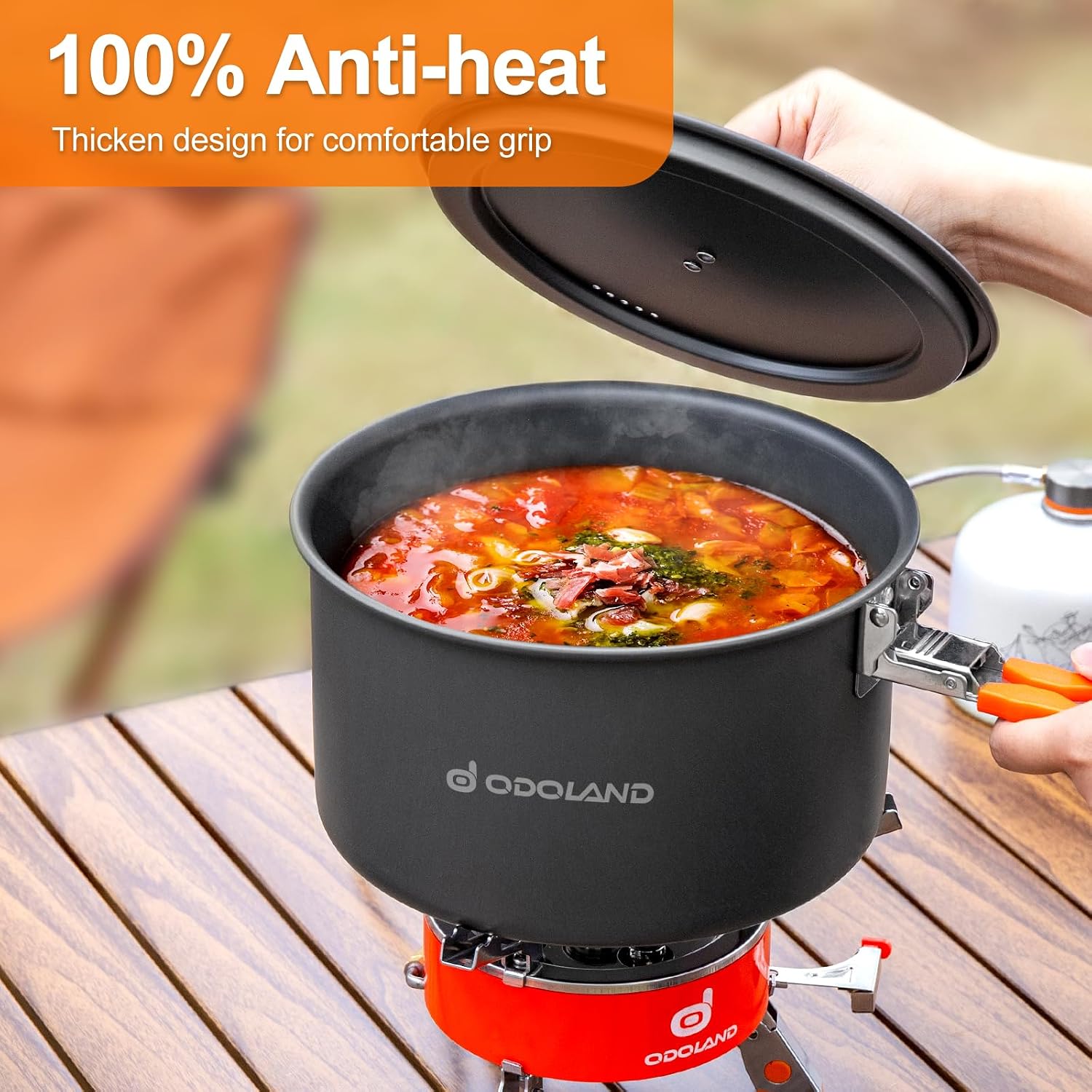 Odoland 15pcs Camping Cookware Mess Kit, Lightweight Pot Fry Pan Set