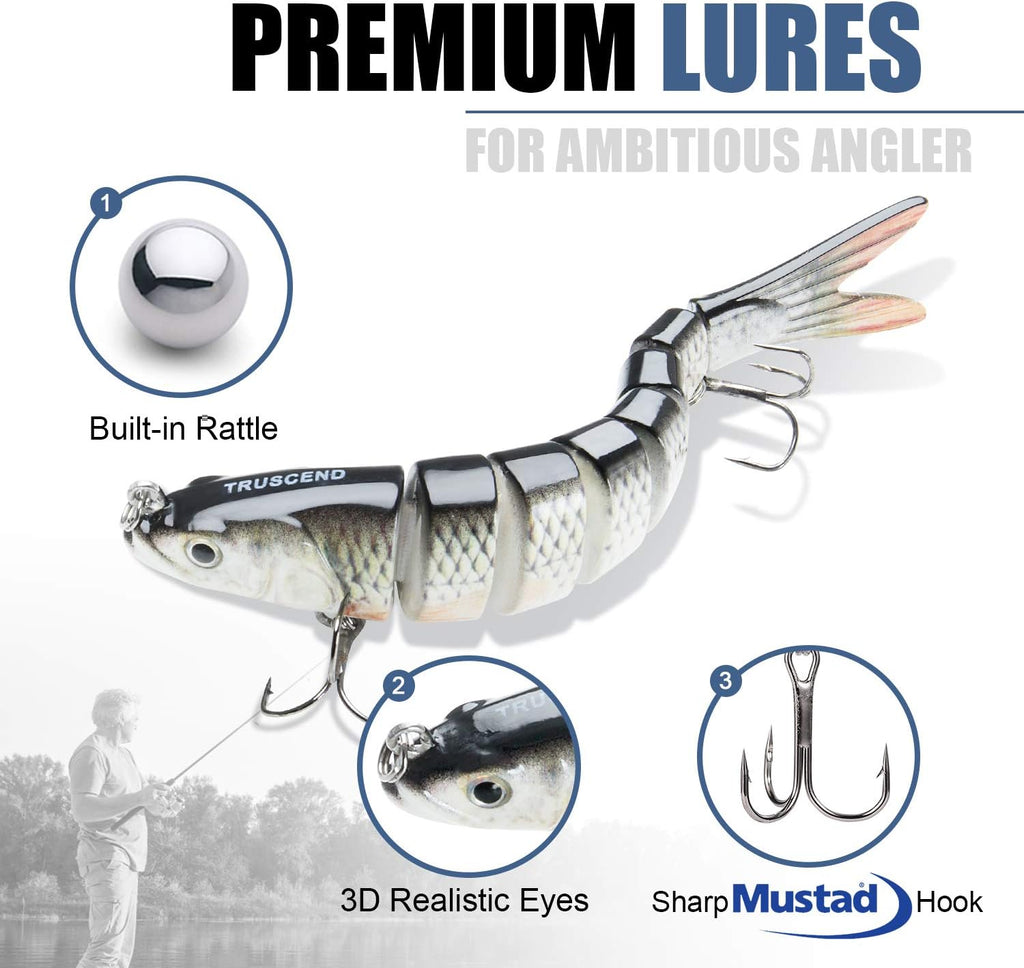 TRUSCEND Swimmax Easy Catch Fishing Lures with BKK Hooks, Wiggling, Vibrating, Rattling and Gurgling for More Bite, Heavy-Duty Dyneema Fiber Jointed Swimbaits for Bass, Trout, Walleye, Crappie, Pike