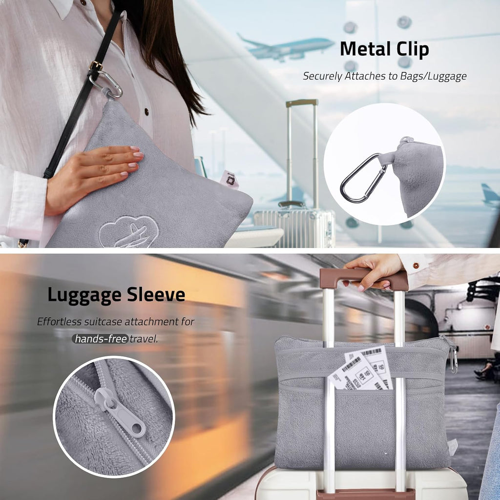 Travel Blanket Pillow,Airplane Blanket Compact with Bag Eye Mask, Ultra-Soft,Warm & Lightweight Included,Travel Essentials for Women & Men, Luggage Sleeve & Backpack Clip 65x40 in, Grey