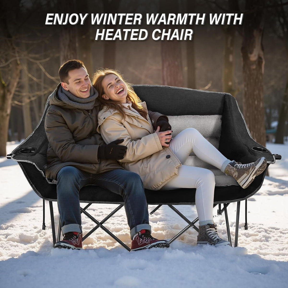 Heated Double Camping Chairs,3 Heat Levels Padded Portable Loveseat w/Wine Glass Holder,Cup Holder,Heating Outdoor Camp Couch Support 600 Lbs,Black,Battery NOT Included