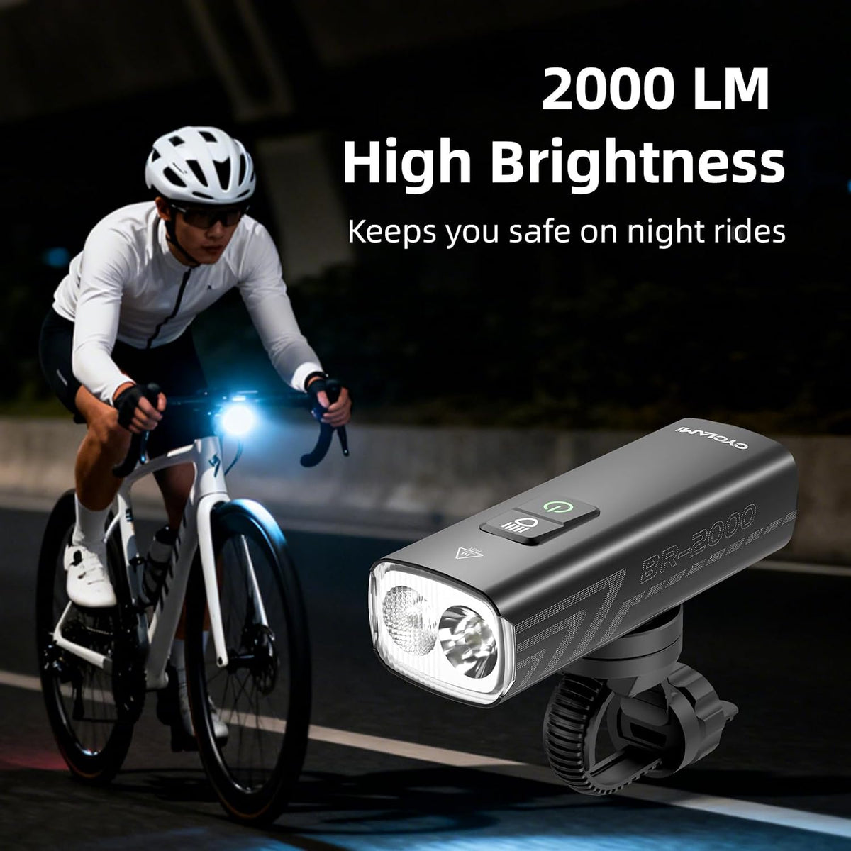 Bike Lights for Night Riding 2000 Lumen Compatible with Garmin/GoPro Mount Bike Headlight 5 Modes 4500mAh Aluminium Alloy IPX6 Waterproof Rechargeable Bicycle Lights Bike Headlight BR2000