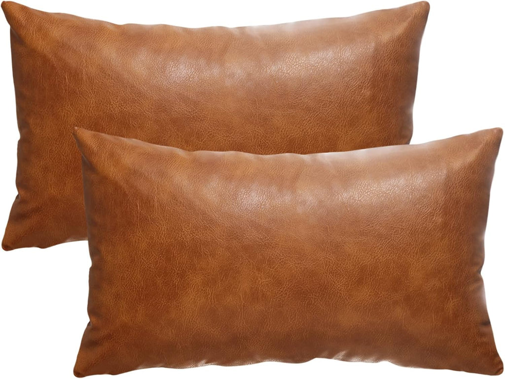 GEGELICA 12X20 Inch Brown Faux Leather Throw Pillow Covers Set of 2