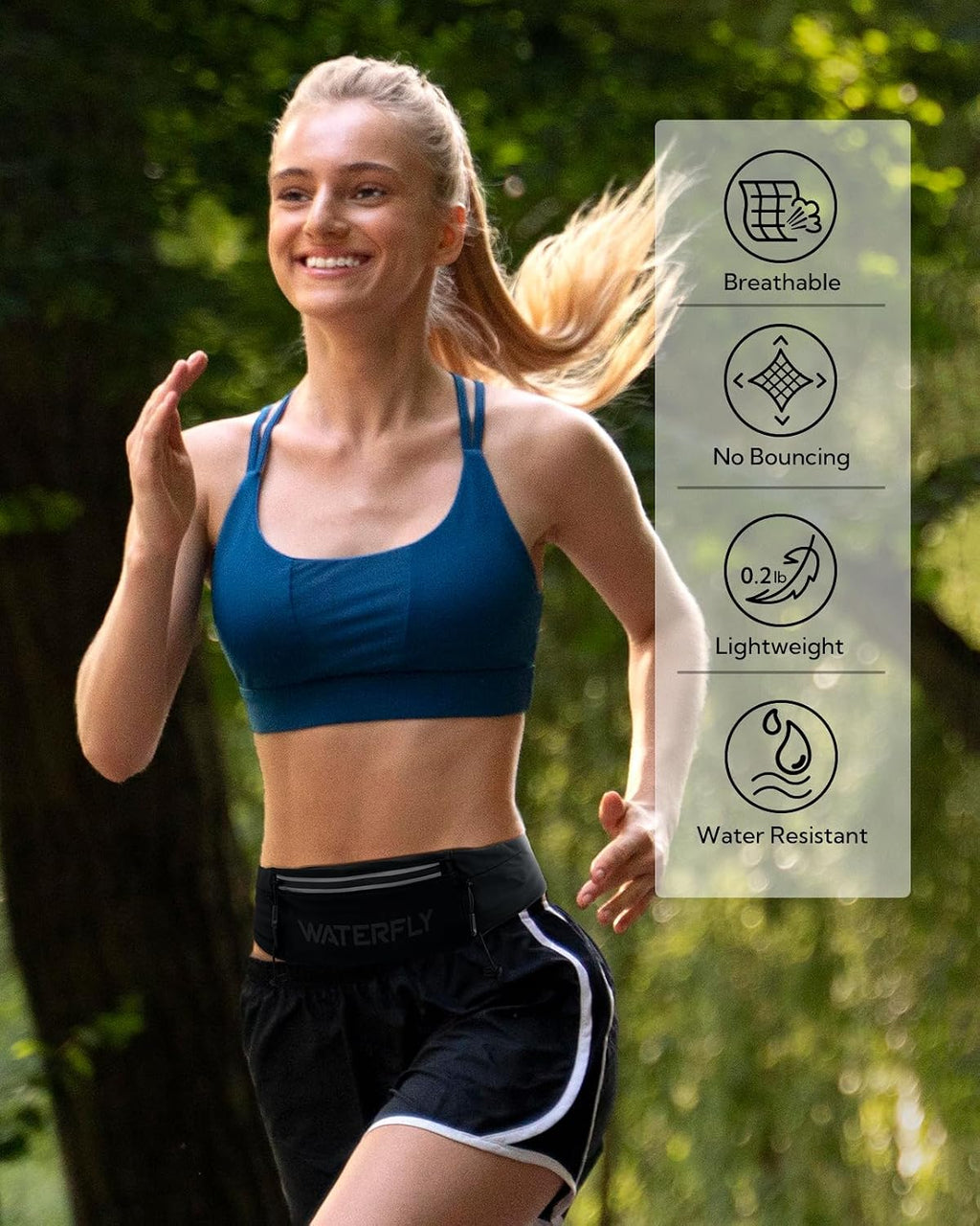 WATERFLY Running Belt Fanny Pack, Runner Race Belt with Bib Clip Black