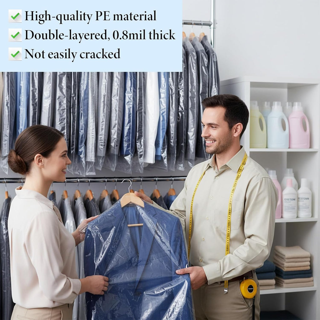 100 Pack Plastic Garment Bag, Dry Cleaning Bags, Plastic Clear Dry Cleaner Laundry Bags Transparent Coat Suit Dust Cover Protector Bag for Dry-Cleaner, Home Storage, Travel, Moving,60x100cm,60x130cm