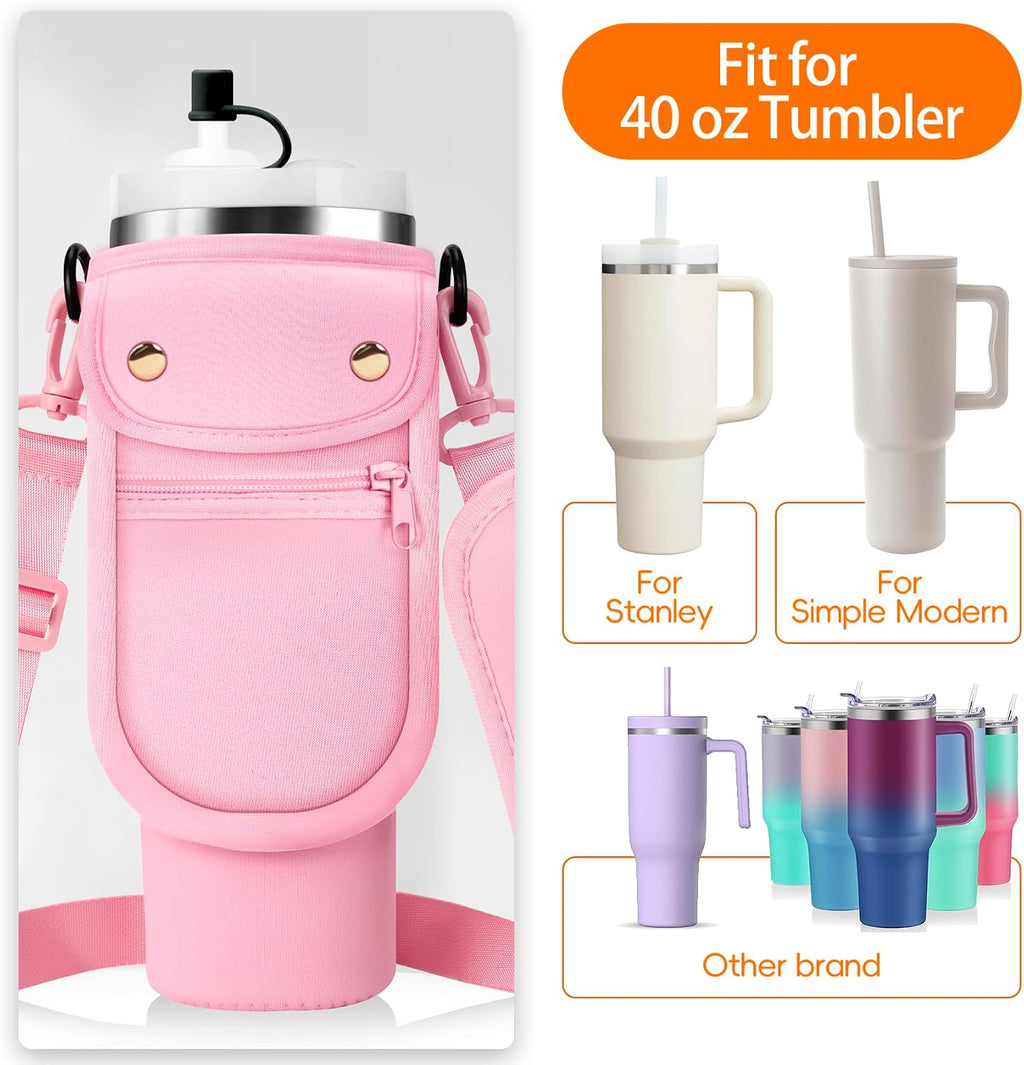 AceTreker Water Bottle Carrier Bag with Phone Pocket for Stanley 40/30 oz Tumbler Neoprene Insulated Mug Sleeve Pouch with 2 Pockets & Adjustable Strap & Straw Cover for Stanley Cup Accessories