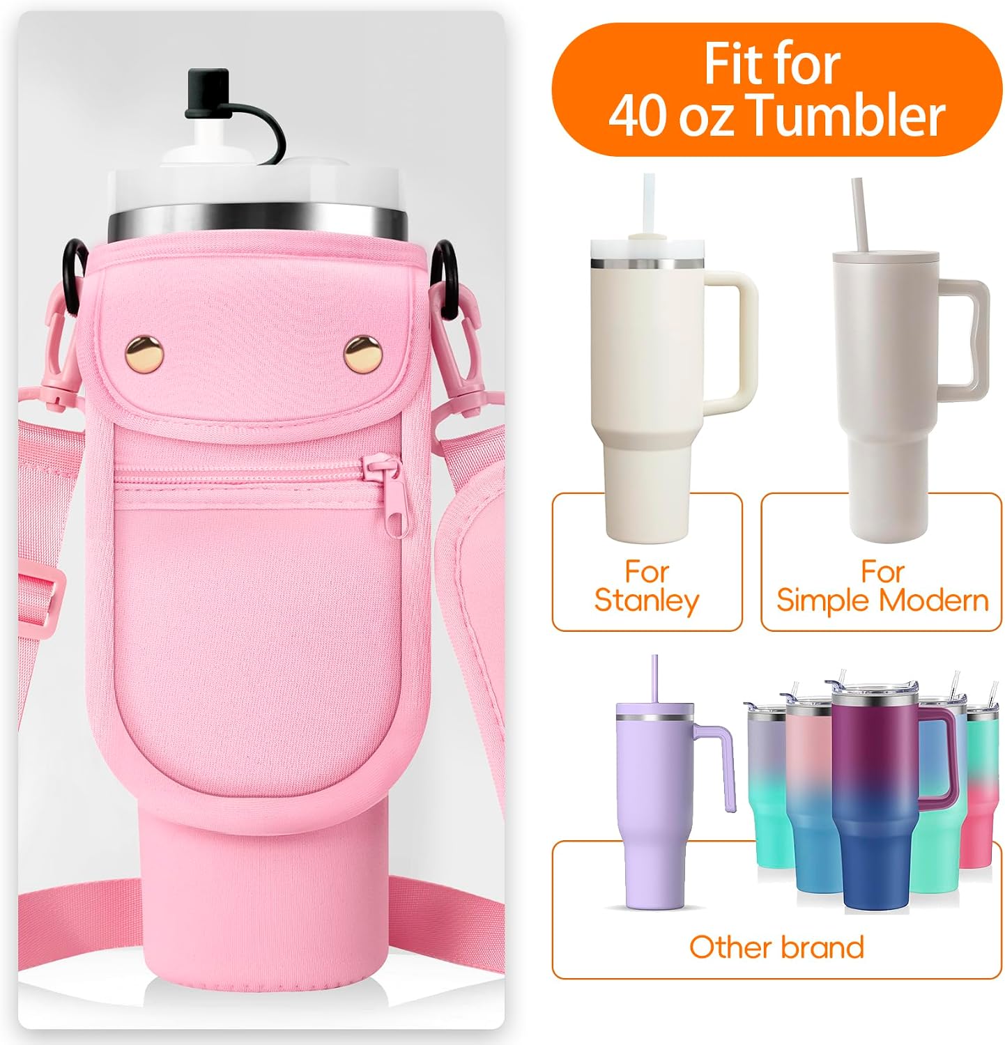 AceTreker Water Bottle Carrier Bag with Phone Pocket for Stanley 40/30 oz Tumbler Neoprene Insulated Mug Sleeve Pouch with 2 Pockets & Adjustable Strap & Straw Cover for Stanley Cup Accessories