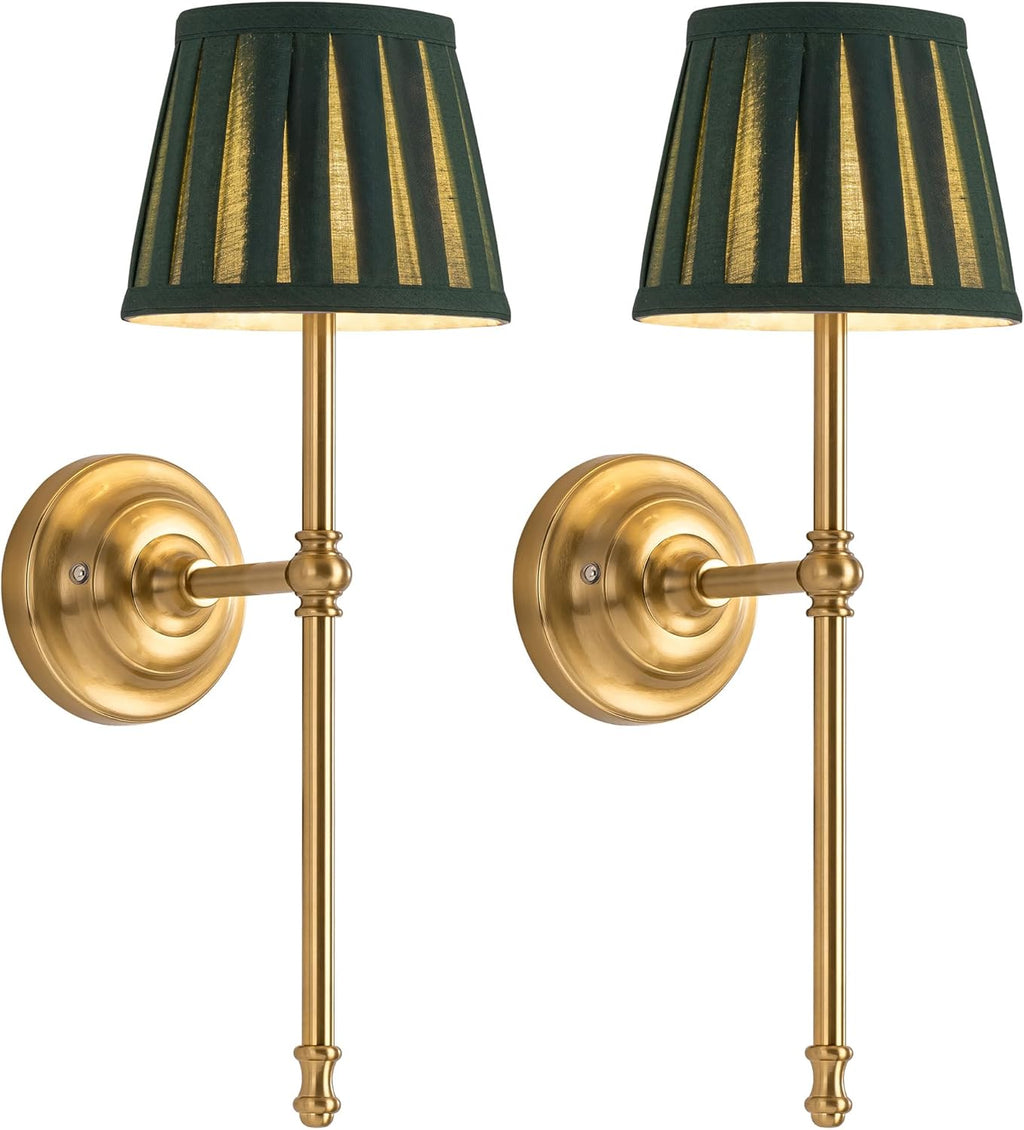 KDG Gold Cordless Wall Sconces Set of 2, Green Fabric LED Wall Lamps