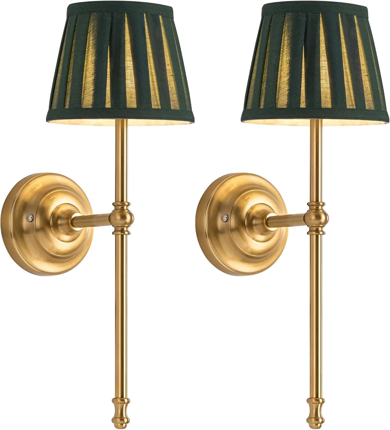 KDG Gold Cordless Wall Sconces Set of 2, Green Fabric LED Wall Lamps