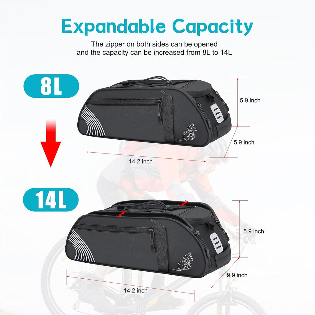YEEGO DIRECT Bike Rack Bag, 14L Expandable Capacity Bike Bags for Bicycles Rear Rack,Water-resistant Bike Trunk Bag, Bike Panniers Reflective Design, Crossbody Shoulder Bag for Commuting Outings