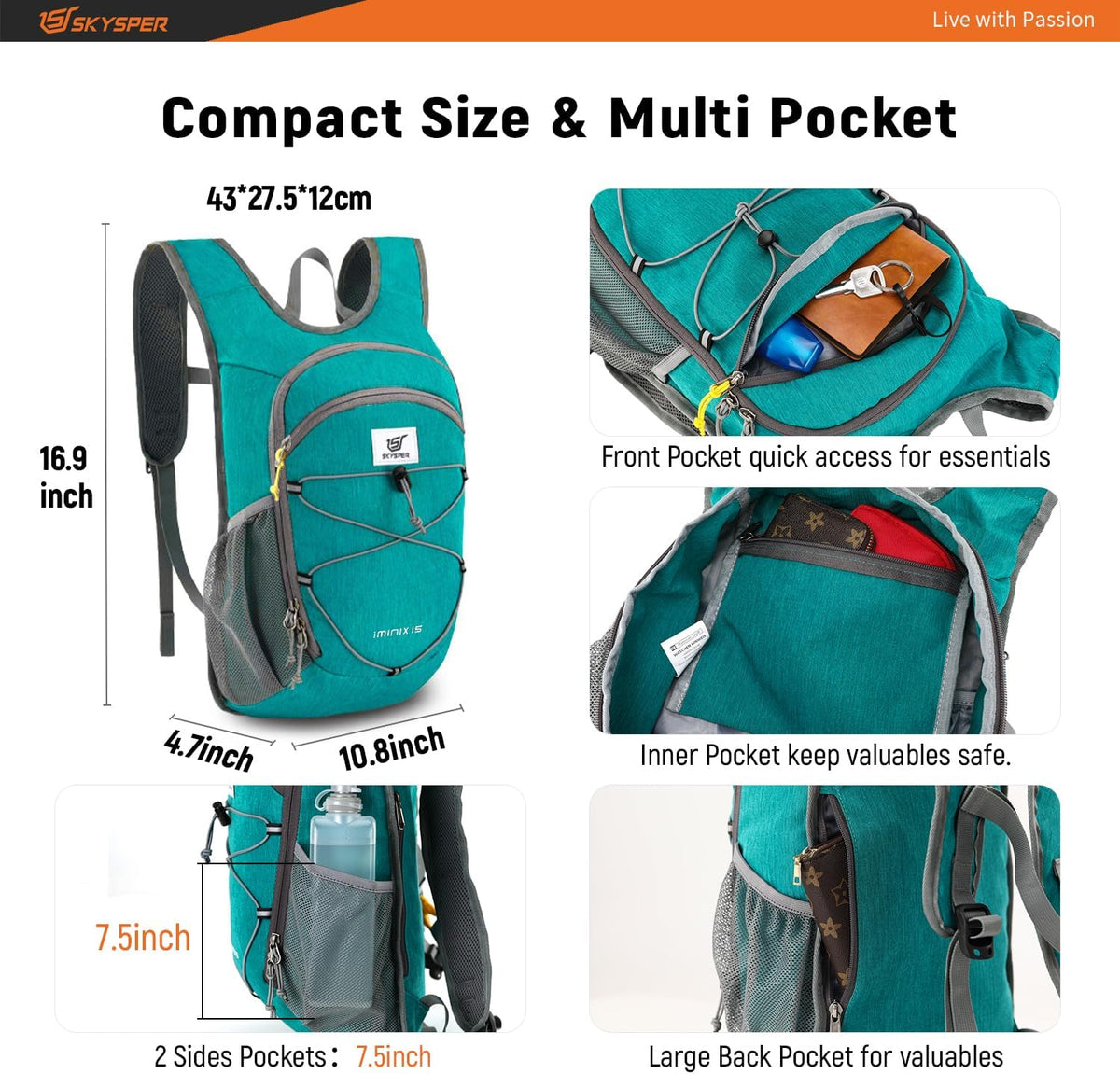 SKYSPER 15L/20L Foldable Hiking Backpack Lightweight Packable Travel Daypack with Chest Strap Small Folding Pack for Walking