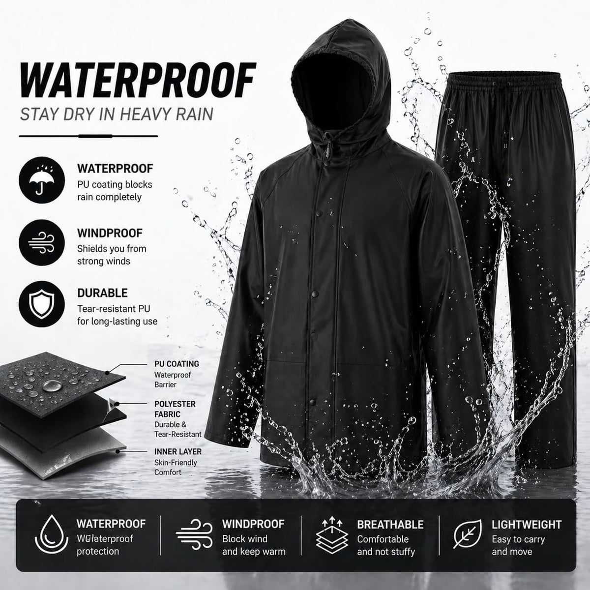 Rain Suit For Men & Women Waterproof Heavy Duty Rain Gear Reflective Jacket for Fishing Outdoor Work Raincoats