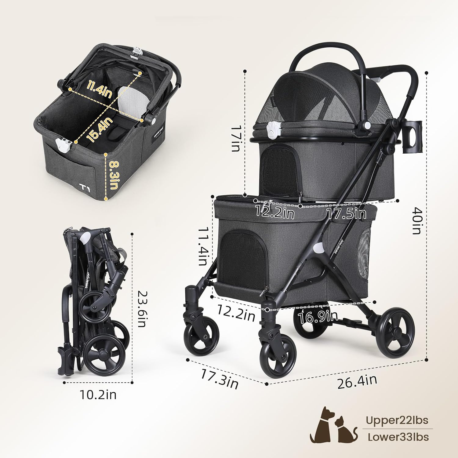 T1 Double Pet Stroller for Small Dogs & Cats (Black)