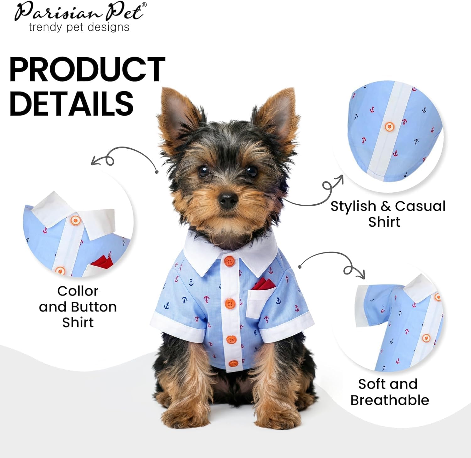 Parisian Pet Anchor Dog Shirt – Nautical Shirts for Medium Dogs – Summer Puppy Clothes – Lightweight and Breathable Dog Clothes – Light Blue Dogs Beach Outfit - Comfortable and Trendy Pet T Shirts