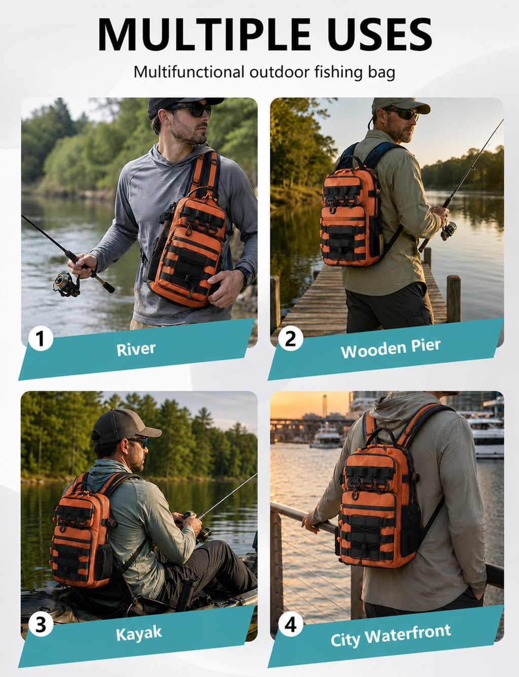 2 in 1 Compact Tactical Fishing Backpack with Tackle Boxes, Lightweight Waterproof Tackle Bag Fit 2 * 3600 Tackle Boxes, 2 Rod Holders Storage, Fishing Accessories Gift for Men Orange