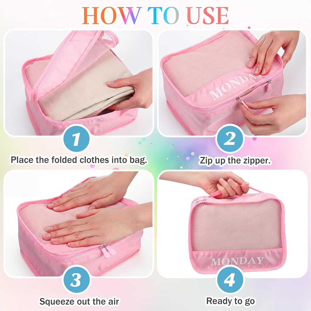 15 Pcs Day of Week Packing Cubes Travel Kids, 9x7x3inch, Macaron