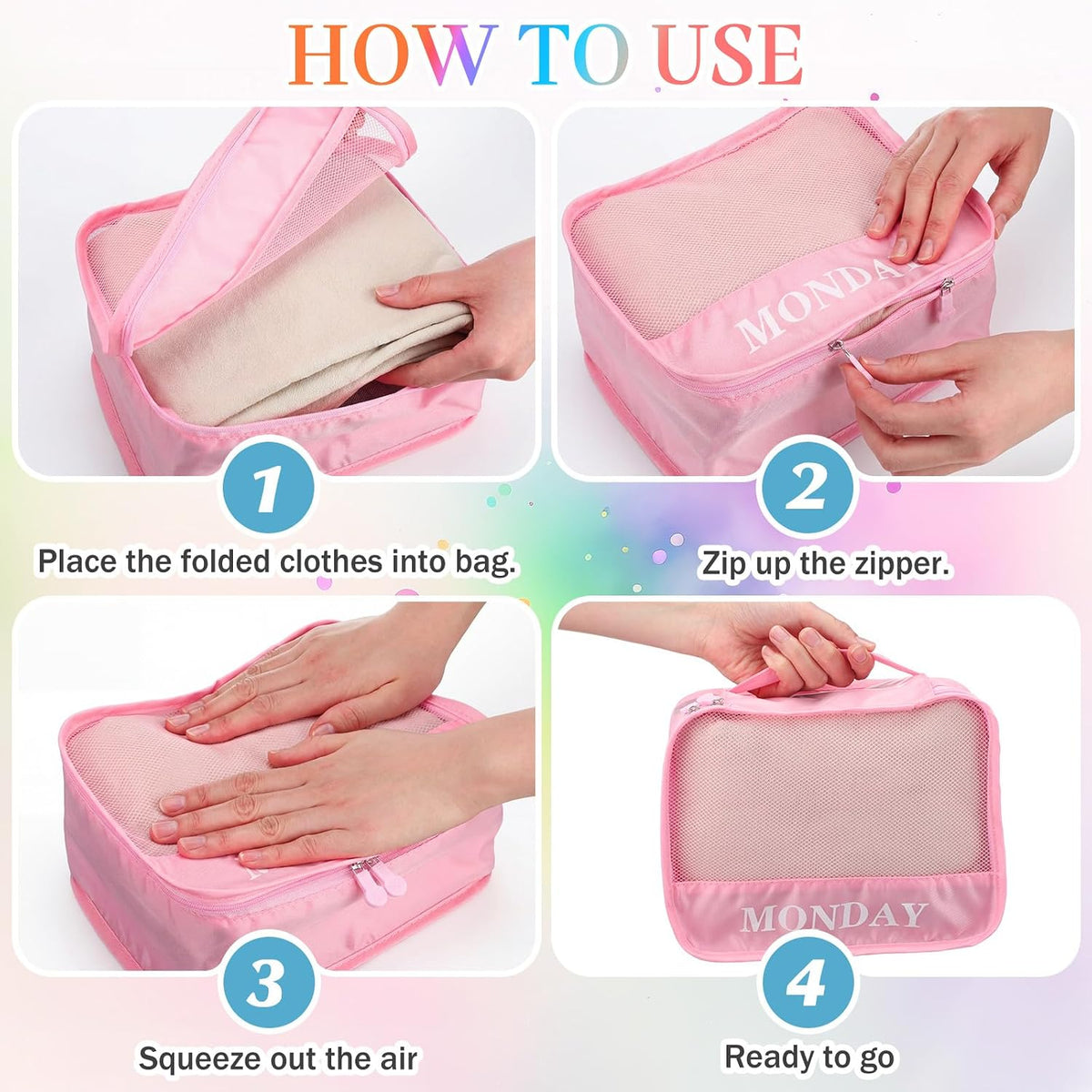 15 Pcs Day of Week Packing Cubes Travel Kids, 9x7x3inch, Macaron