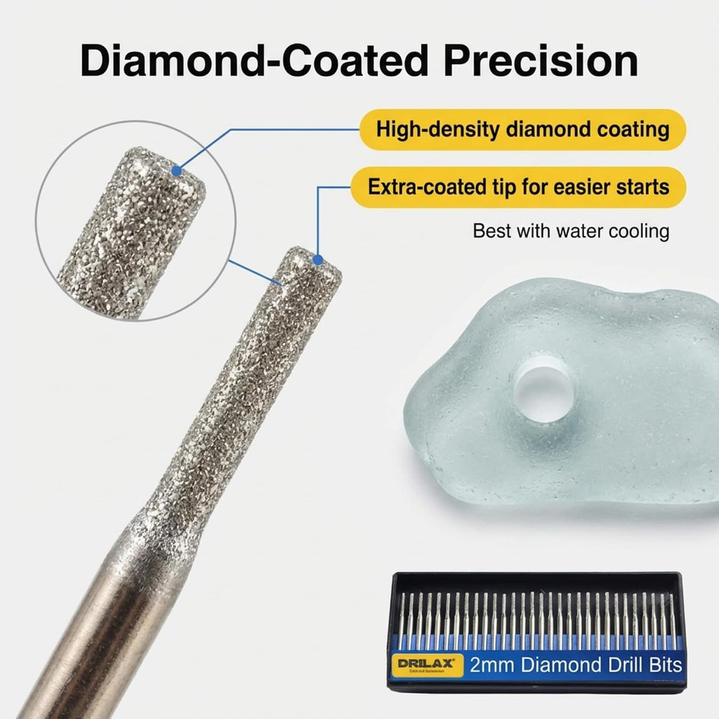 Drilax 30-Pc 2mm Diamond Drill Bit Set, 1/8" Shank for Dremel Rotary Tools, Glass, Sea Glass, Stone & Jewelry Making, Precision Lapidary Bits
