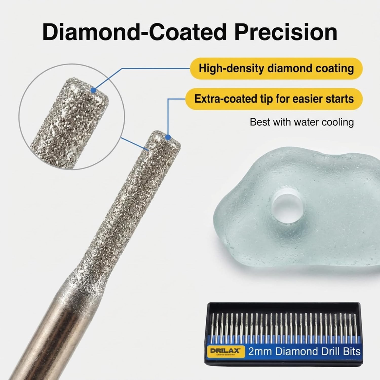 Drilax 30-Pc 2mm Diamond Drill Bit Set, 1/8" Shank for Dremel Rotary Tools, Glass, Sea Glass, Stone & Jewelry Making, Precision Lapidary Bits