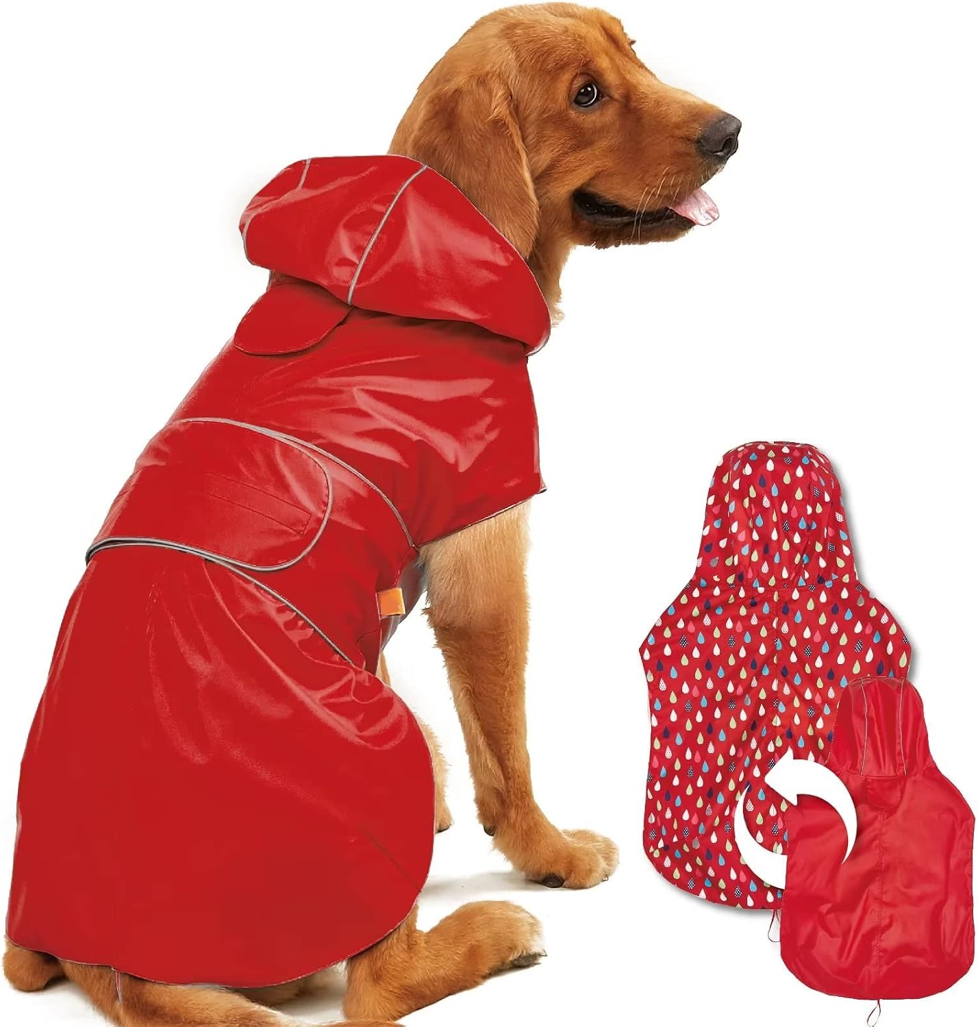 Kimee Dog Raincoat Reversible Dog Rain Jacket for Small to 3X-Large Dogs, M
