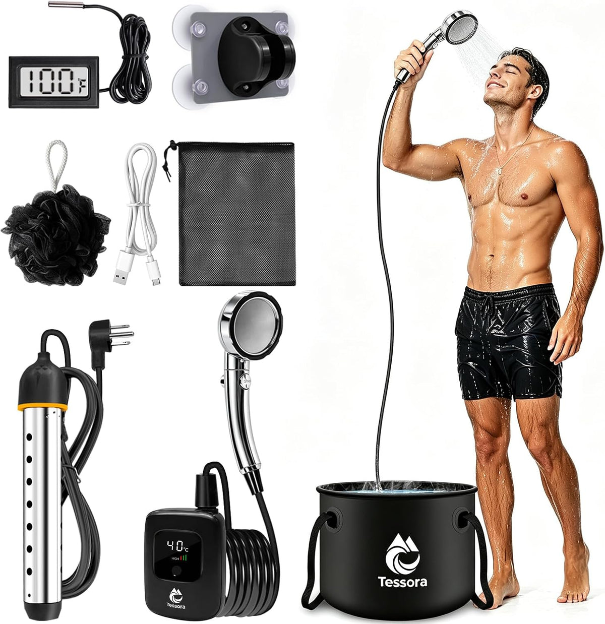 Portable Camping Shower with Head & Heater, Outdoor Shower Kit