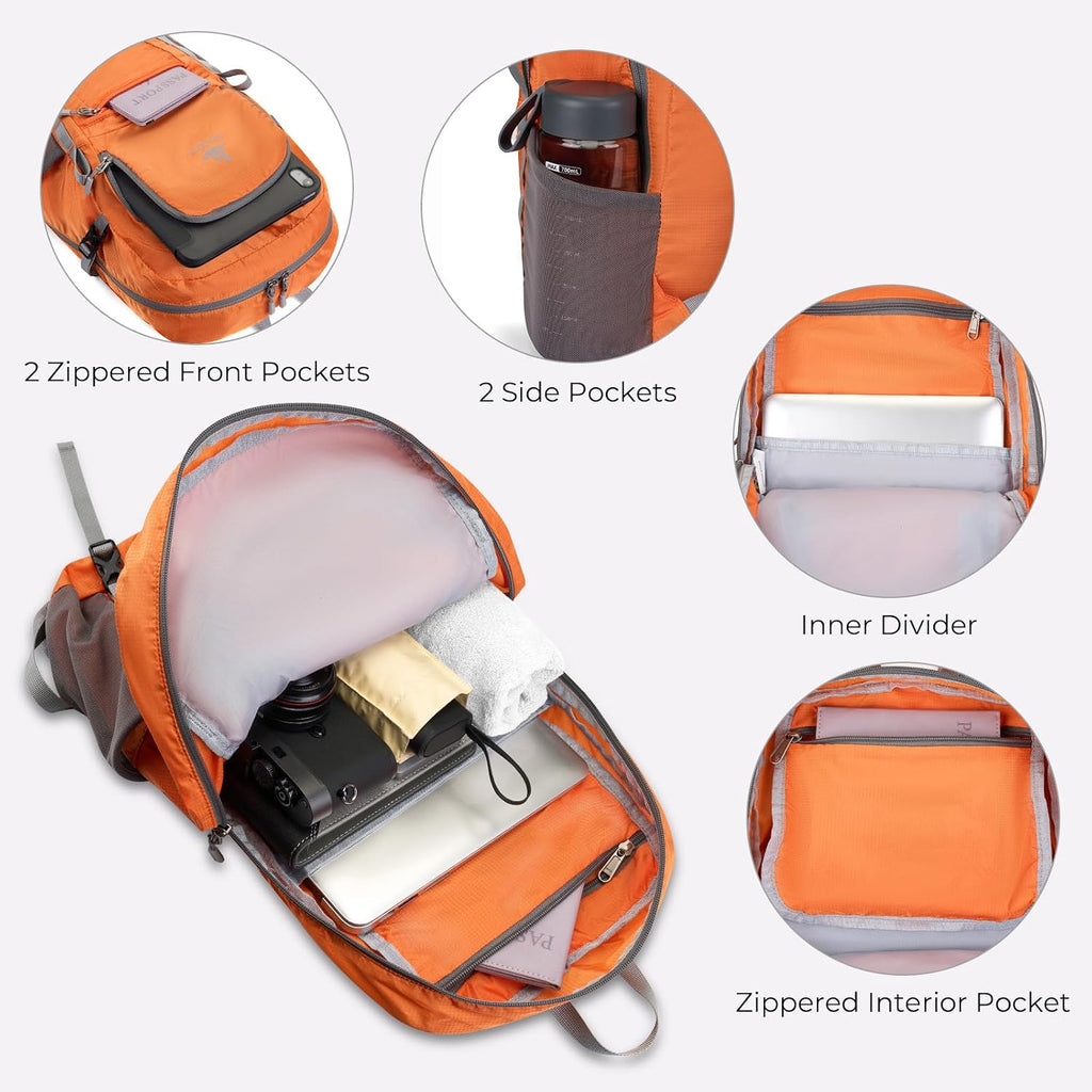 20L Small Hiking Backpack for Women Men, Lightweight Packable Day pack, Foldable Daypack for Cycling, Travel, Commuting (Orange)
