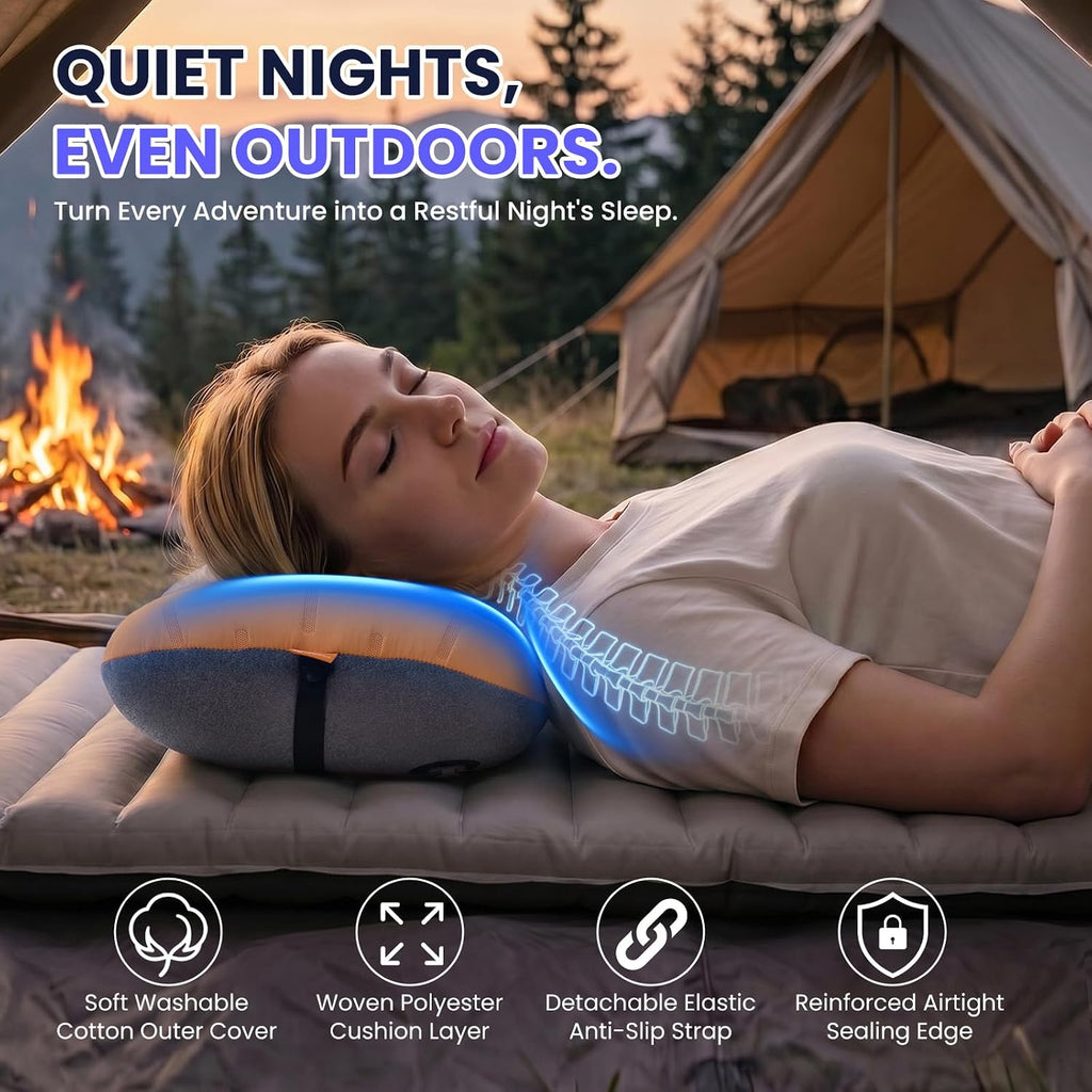 Inflatable Camping Pillow - Ultralight Compact Air Pillow for Travel, Backpacking & Hiking - Ergonomic Neck & Lumbar Support - Portable Inflatable Pillow with Removable Washable Cover - (Orange)