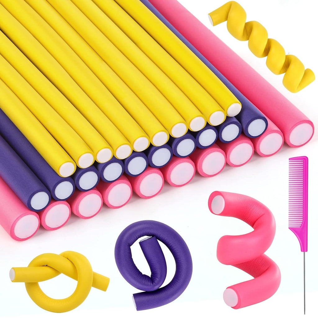 Selizo 30Pcs 9.45"x0.55" Flexible Hair Rollers, Foam Curlers for Short, Medium and Long Hair, No Heat Curlers, Hair Rods - Pink(Diameter 0.55')