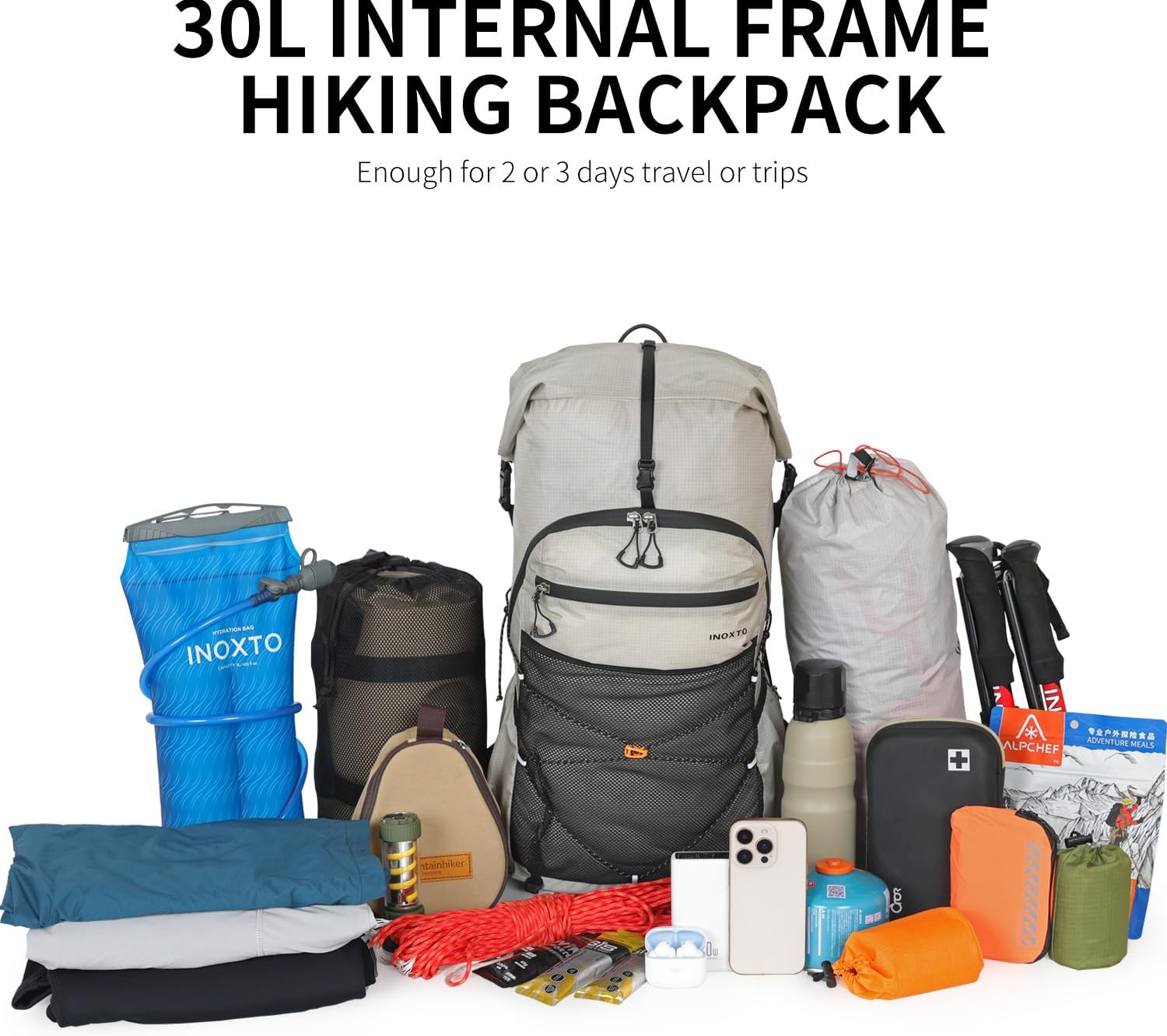 IX INOXTO Hiking Backpack for Men and Women, 30L Waterproof Camping Backpack with 3L Water Bladder and Rain Cover, Lightweight Outdoor Sport Travel Daypack Rucksack for Climbing Cycling (Light gray)