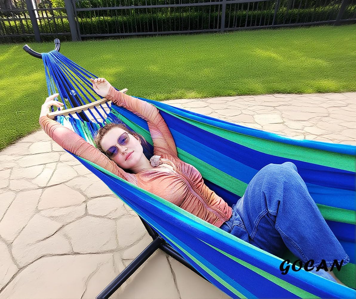 GOCAN Double Hammock 2 Person Large 220x160cm with Steel Stand and Removable Spreader bar Load 500lb, Canvas Cotton Hammocks for Patio Porch Garden Backyard Outdoor and Indoor, Blue
