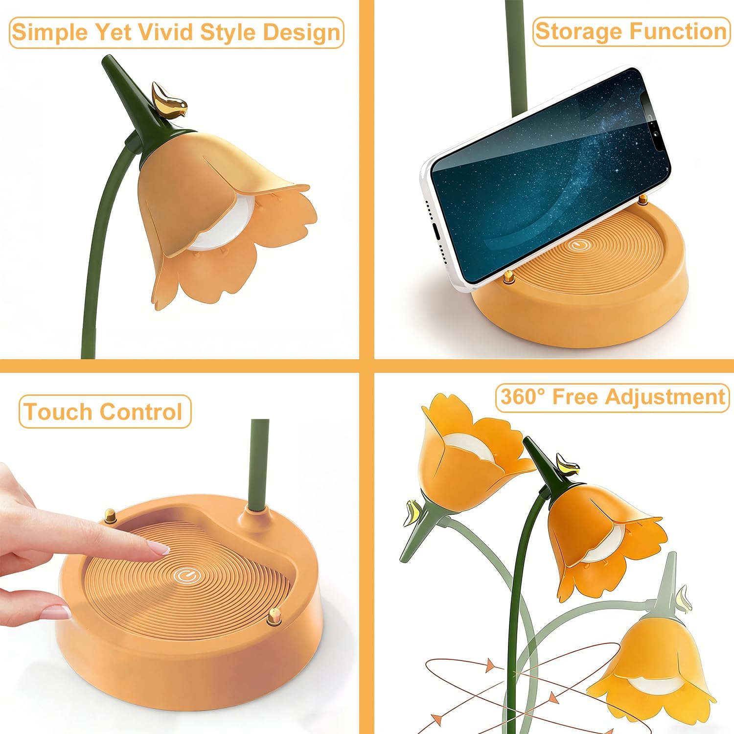 magical JD LED Desk Lamp Cordless Table Light Adjustable Gooseneck Dimmable Touch Rechargeable Battery Eye-Caring Night Light for Kids, Mini Cute Lamp for College Dorm Bedroom Reading, Yellow