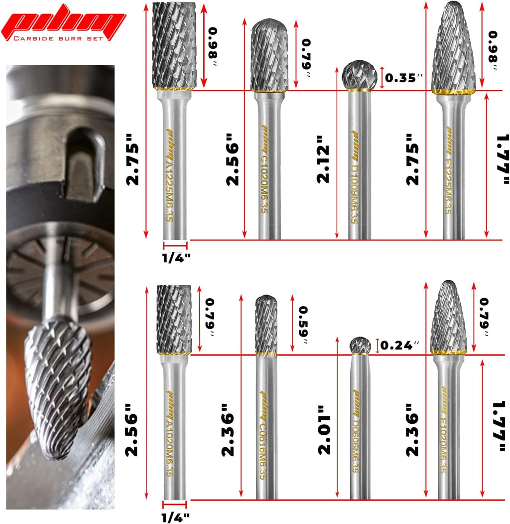 Tungsten Carbide Burr Set 1/4" Shank 8PC Double Cut Rotary Cutting Burrs Die Grinder Bits for Steel and Wood Working, Grinding, Carving, and Engraving