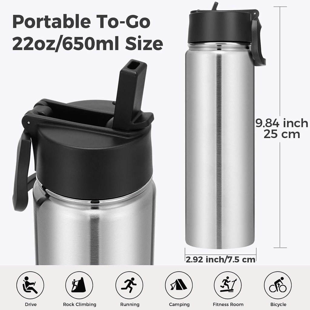 Neihepal 22 oz Insulated Water Bottles with Leak Proof Straw Lid, Wide Mouth Double Walled Vacuum Stainless Steel Metal Water Bottle (Silver,2 Pack)