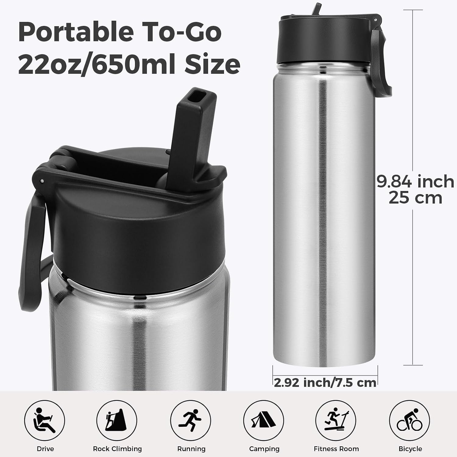 Neihepal 22 oz Insulated Water Bottles with Leak Proof Straw Lid, Wide Mouth Double Walled Vacuum Stainless Steel Metal Water Bottle (Silver,2 Pack)